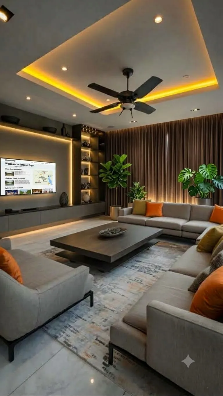 Contemporary interior design for a living room in Sarsuna, Kolkata, featuring a warm ambient false ceiling, accent brick shelving unit, premium sofa seating, and indoor greenery by Agnimitra Interior Design.
