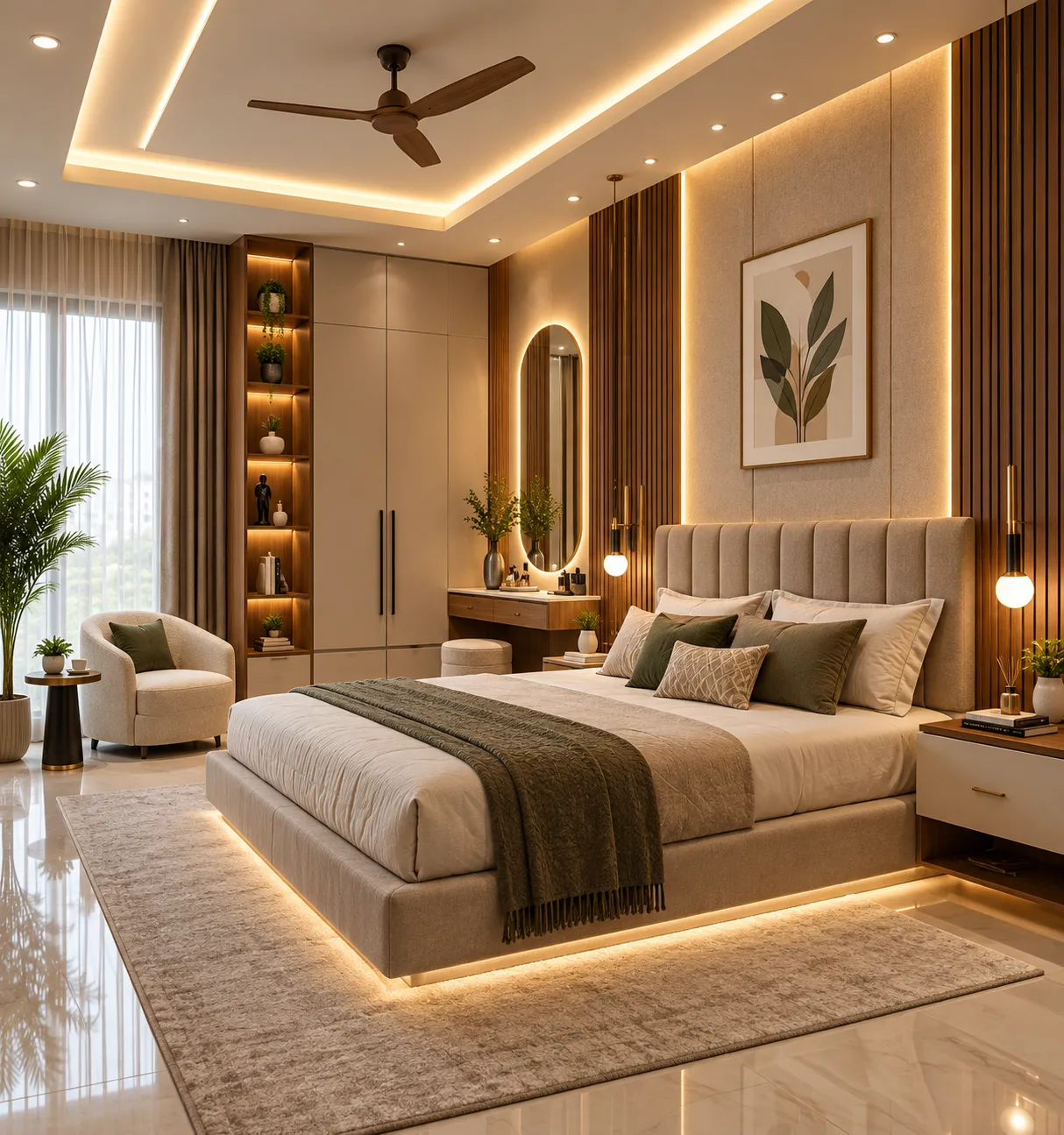 Bedroom interior design in Shakuntala Park with a fitted wardrobe, modern furniture and comfortable space planning.