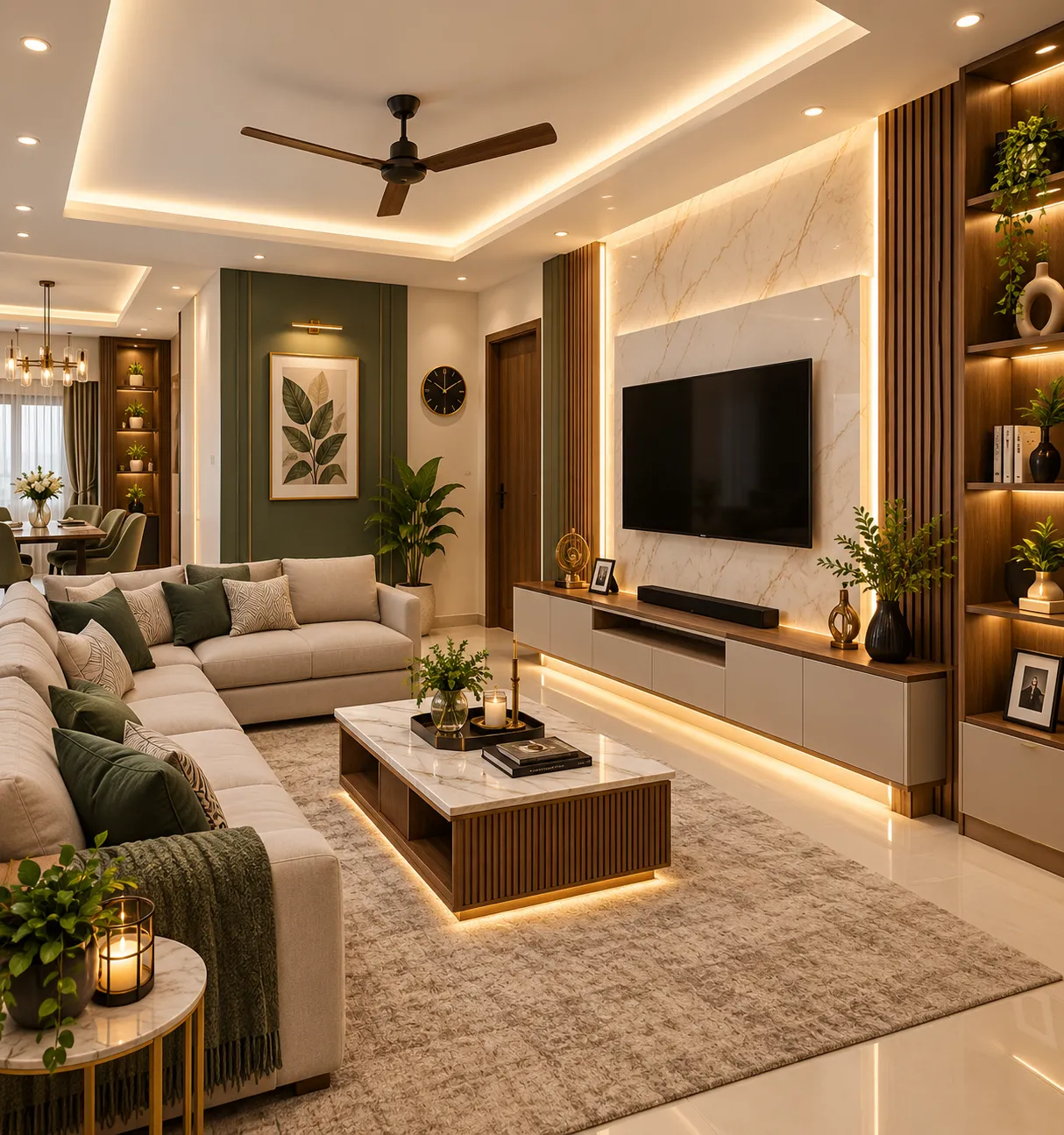 Modern home interior in Shakuntala Park with a comfortable living area, custom furniture and organised storage.