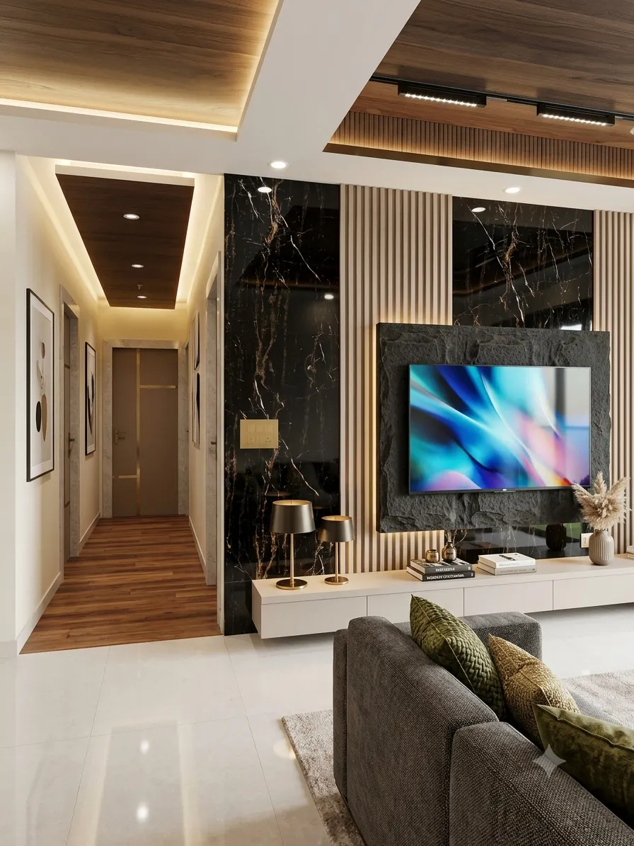 Modern residential interior design in Mukundapur with a practical living room layout, customised TV unit, storage furniture and coordinated lighting.