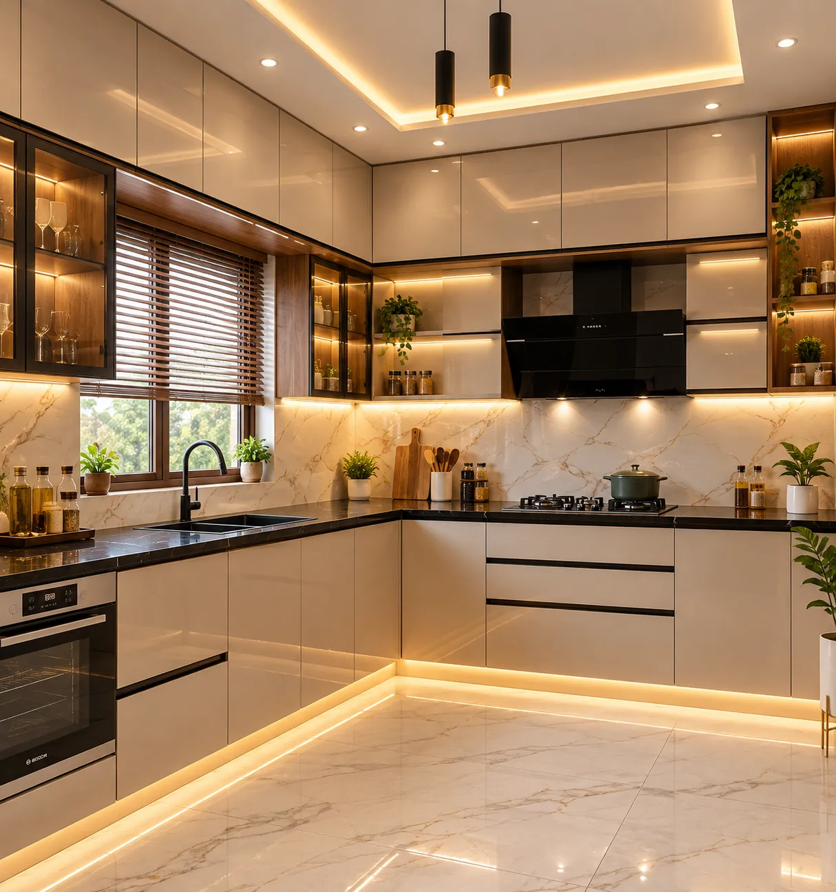 Modular kitchen interior design in Garia, Kolkata with practical cabinet planning, storage, work space, lighting and coordinated finishes.