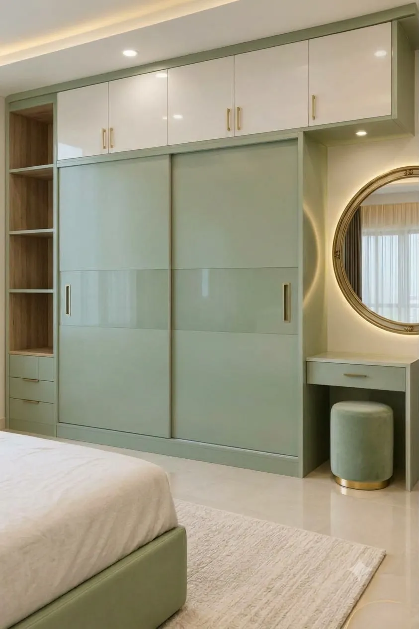Bedroom Interior Design in Mukundapur A residential bedroom featuring a customised wardrobe, bed area, storage and lighting planned around the available space.