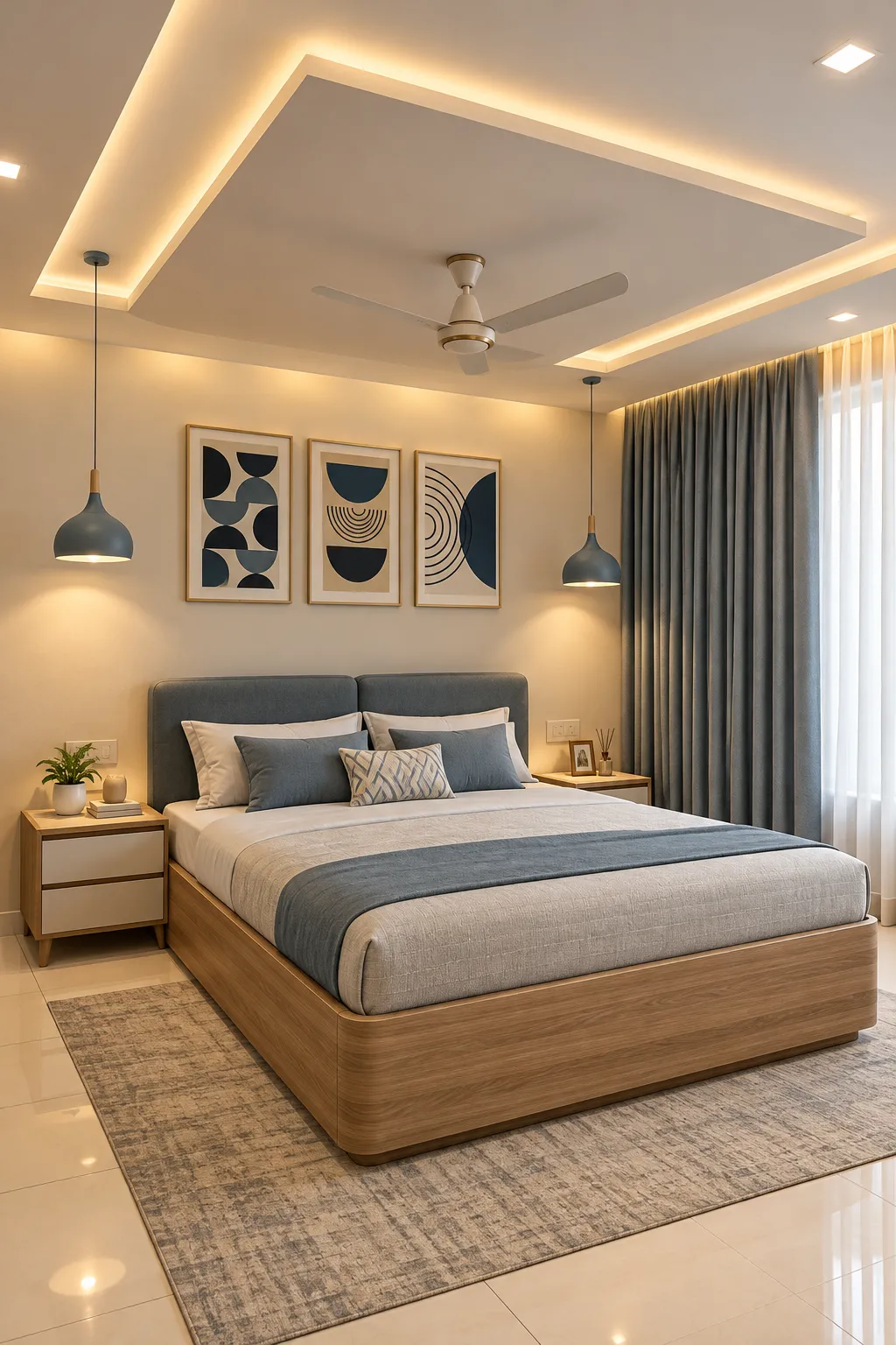 Contemporary bedroom interior in Rajarhat, Kolkata, designed with customised furniture, wardrobe storage, practical space planning, ambient lighting and coordinated modern finishes by Agnimitra Interior Design.