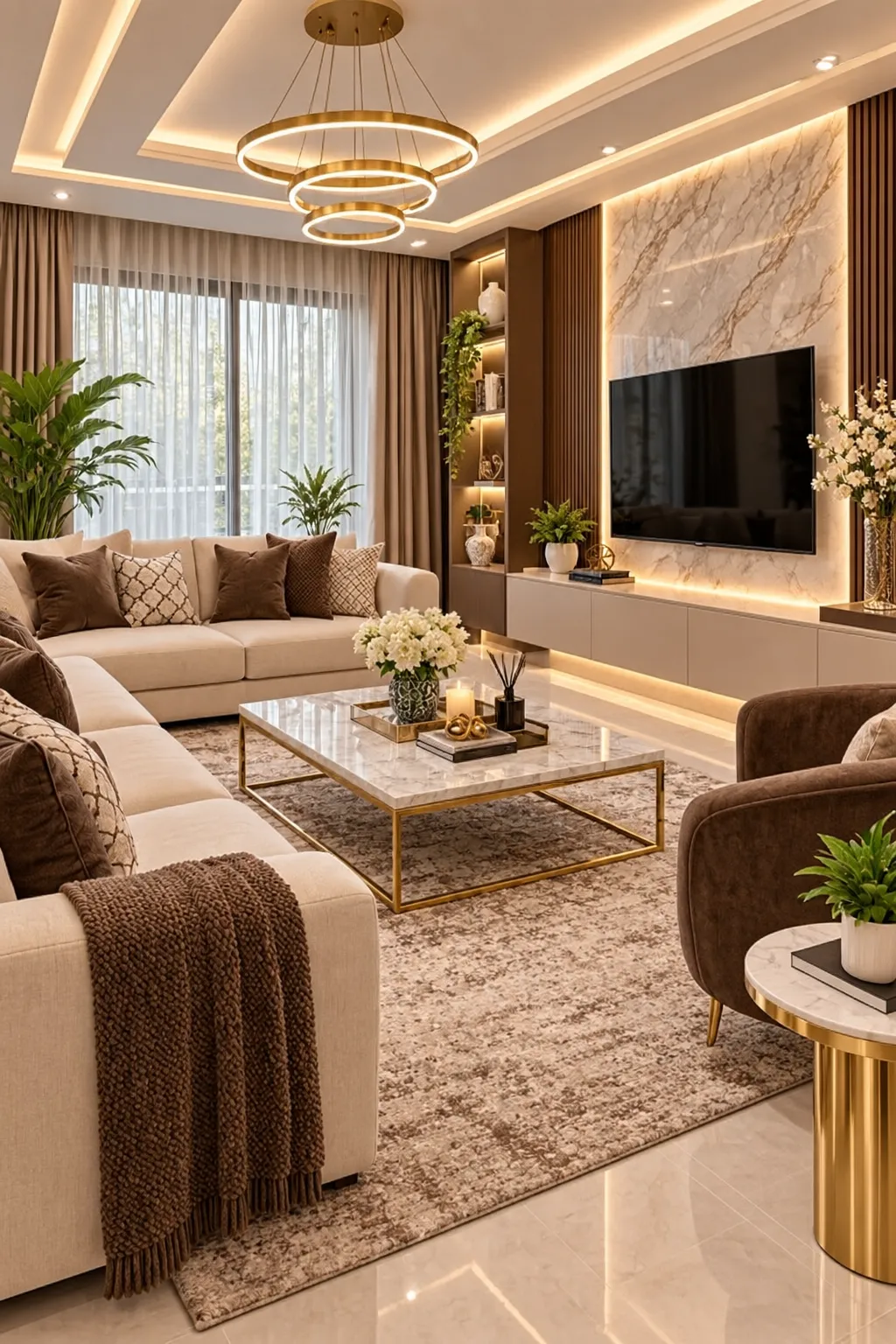 Elegant living room interior design in Dum Dum, Kolkata, featuring a comfortable sofa, modern false ceiling, decorative wall panels, stylish lighting and coordinated colours for a warm and welcoming home by Agnimitra Interior Design.