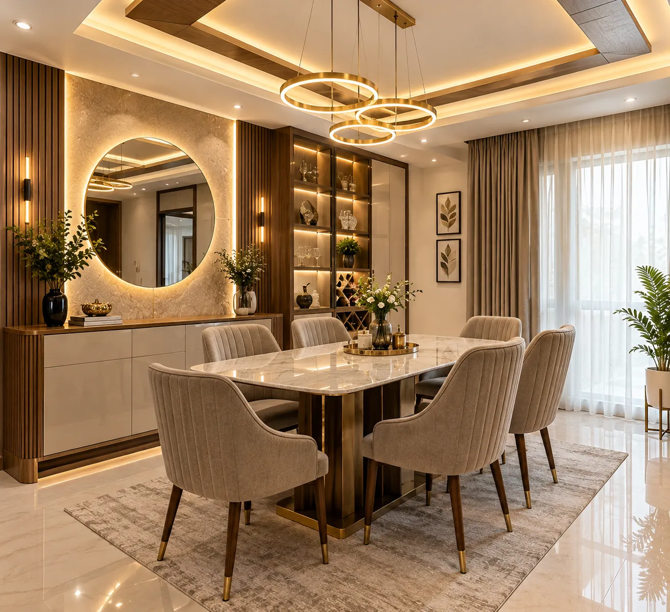Elegant dining space interior design in Joka, Kolkata, featuring a stylish dining table, comfortable seating, modern lighting and coordinated finishes by Agnimitra Interior Design.