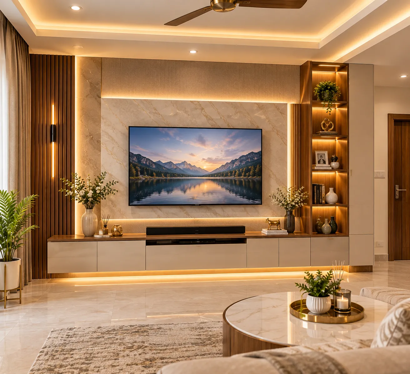 Modern TV unit design in Baranagar, Kolkata, featuring elegant wall panels, a stylish TV cabinet, warm LED lighting, and premium finishes by Agnimitra Interior Design.