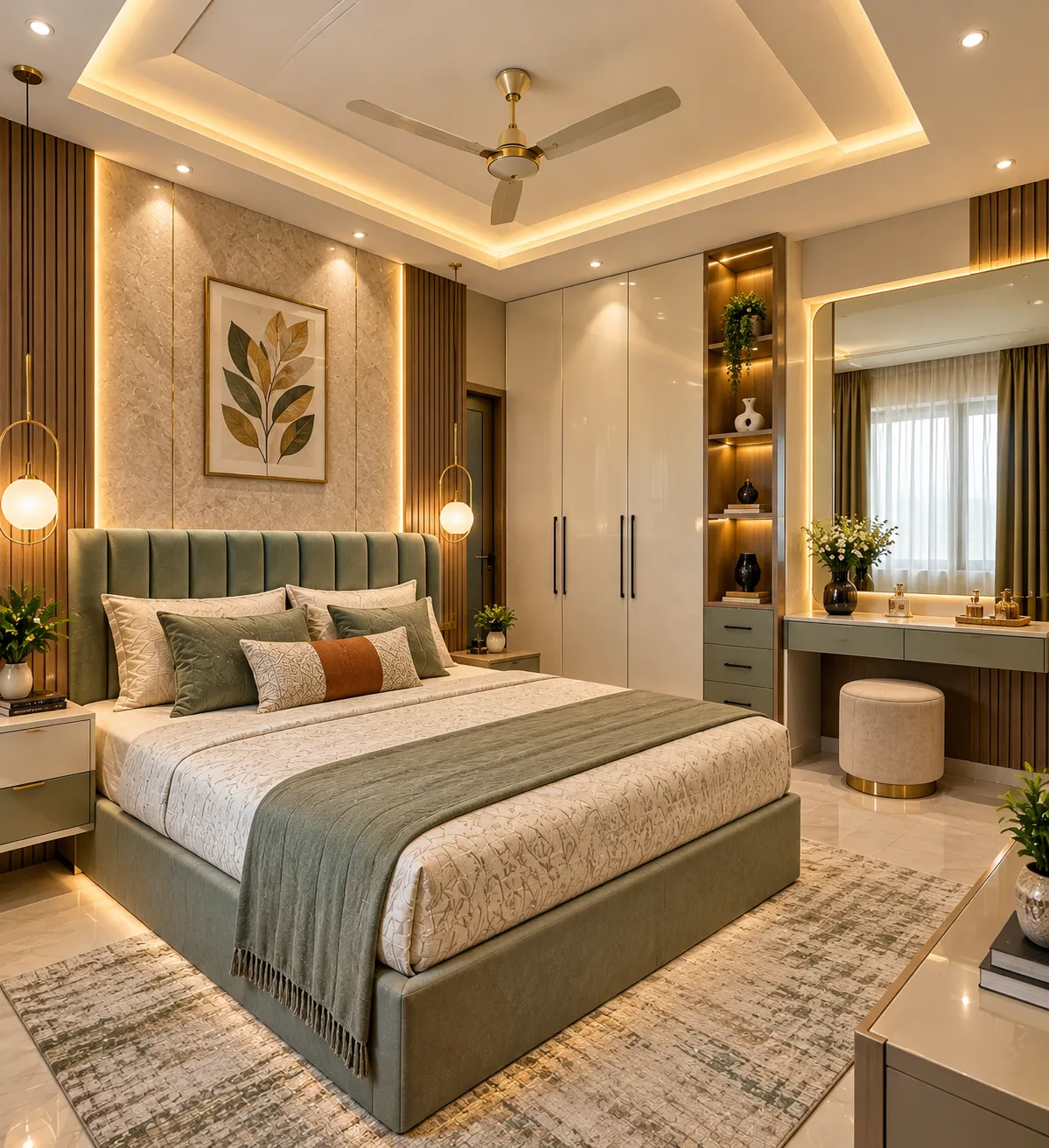 Modern bedroom interior design in Baranagar, Kolkata, featuring an elegant bed, stylish headboard, customised wardrobes, and warm lighting by Agnimitra Interior Design.