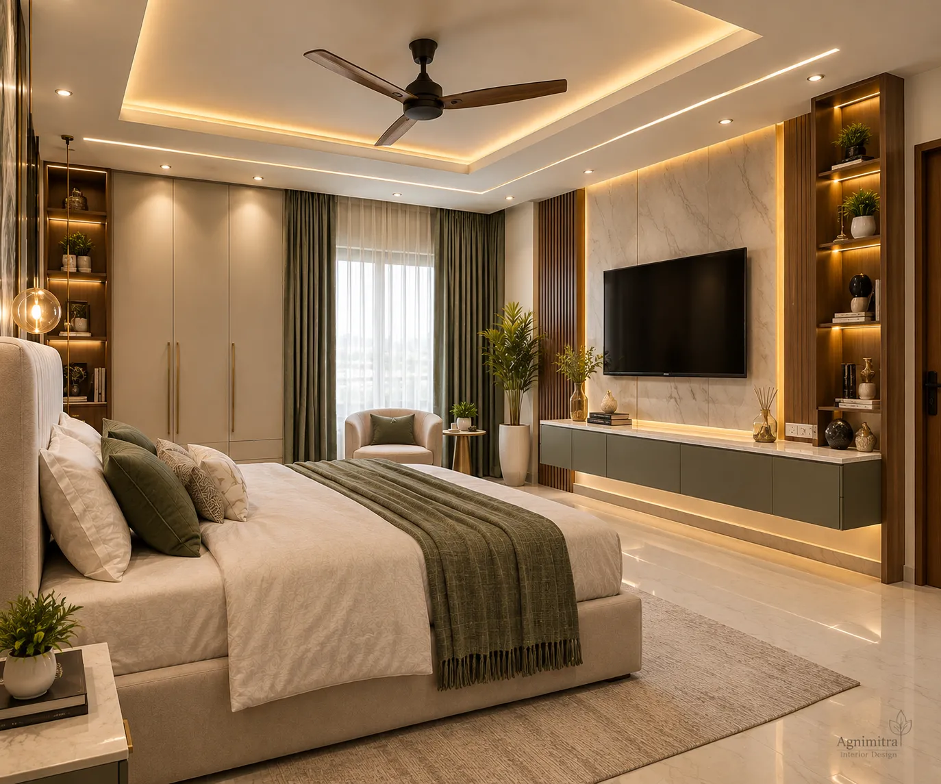 A modern bedroom interior featuring a beautifully designed bed backdrop, elegant wall panelling, a coordinated colour scheme, stylish bedside tables and warm ambient lighting. The design combines contemporary aesthetics with practical storage and comfortable furniture placement, creating a peaceful and well-organised bedroom. Designed by Agnimitra Interior Design.