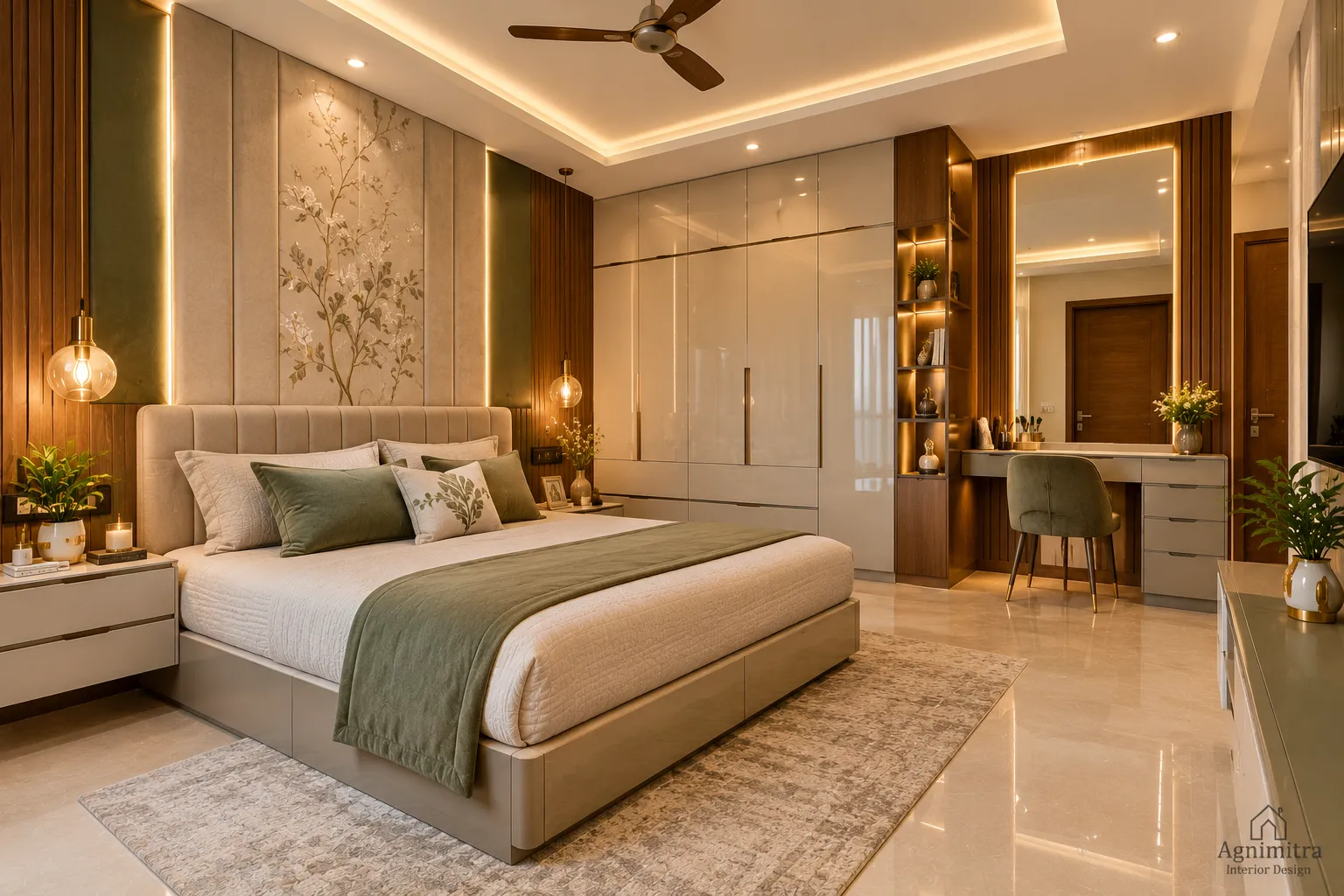 Modern bedroom interior design in Joka, Kolkata, featuring an elegant bed, a stylish headboard, coordinated wardrobes, warm lighting and functional storage by Agnimitra Interior Design.