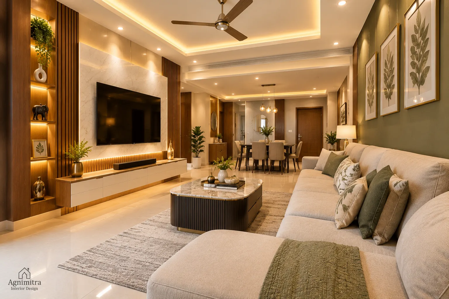 Modern TV unit interior design in Joka, Kolkata, featuring a stylish TV wall, decorative wall panels, sleek cabinets and practical storage solutions by Agnimitra Interior Design.