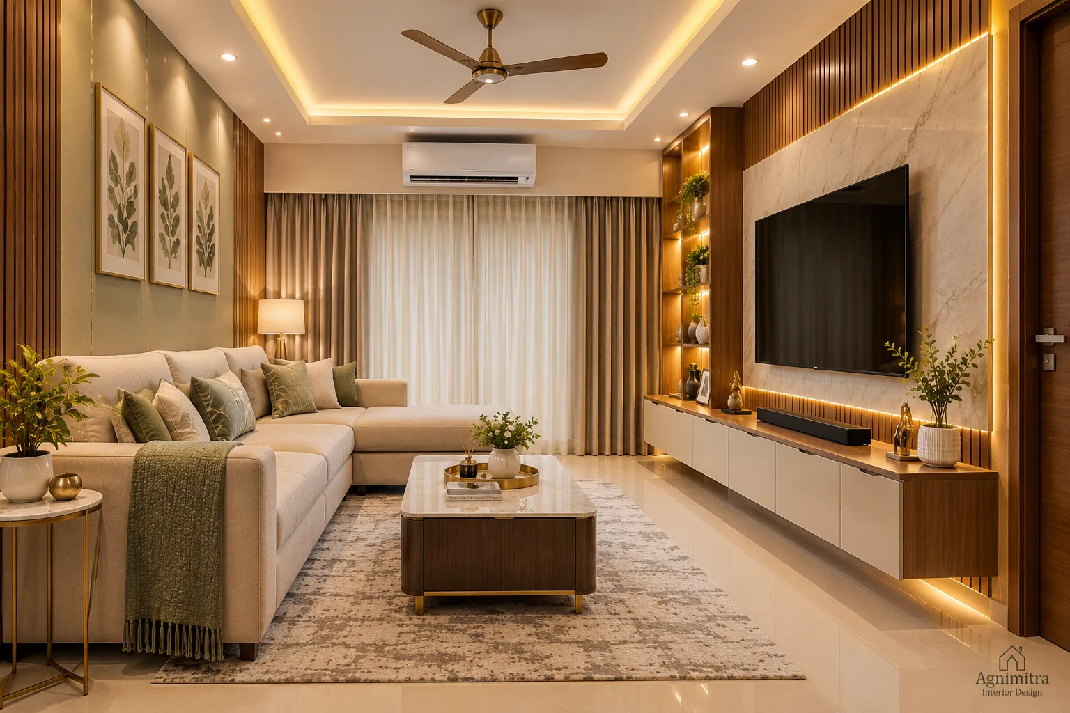 A collection of modern living room and bedroom interior design ideas in Joka, Kolkata, featuring elegant furniture, stylish TV units, comfortable bedrooms, coordinated colours and functional storage by Agnimitra Interior Design.