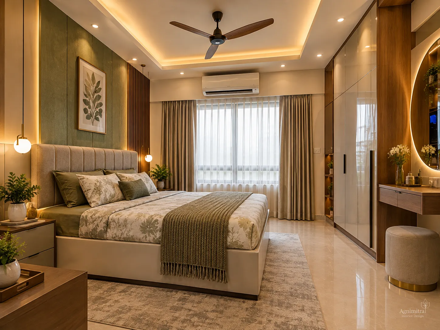 Modern bedroom interior design featuring a stylish headboard, customised wardrobe, elegant lighting, coordinated wall colours, and smart storage solutions by Agnimitra Interior Design in Thakurpukur, Kolkata.