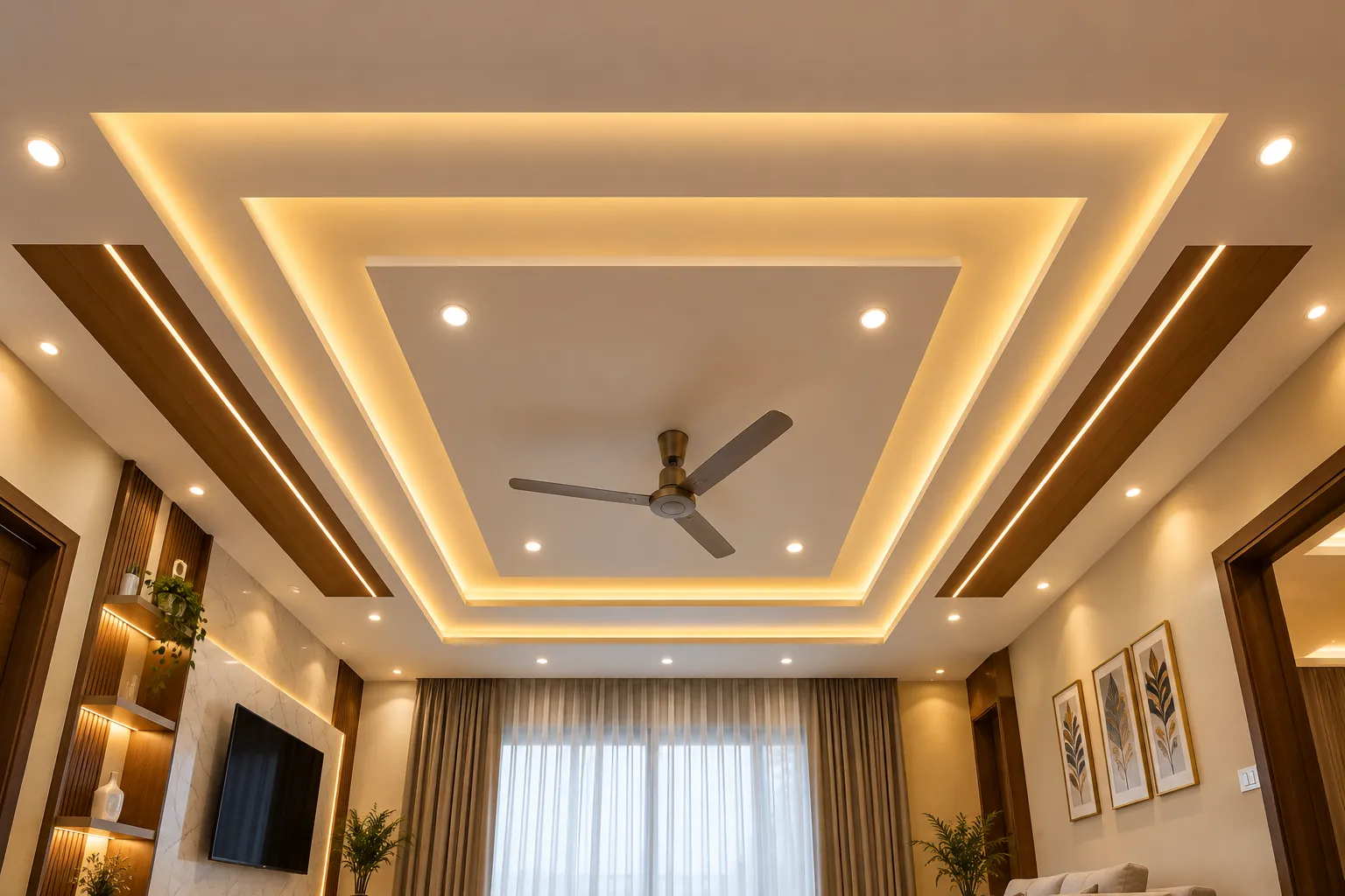 Modern false ceiling design featuring layered ceiling details, recessed LED spotlights, and elegant cove lighting for stylish home interiors by Agnimitra Interior Design in Thakurpukur, Kolkata.