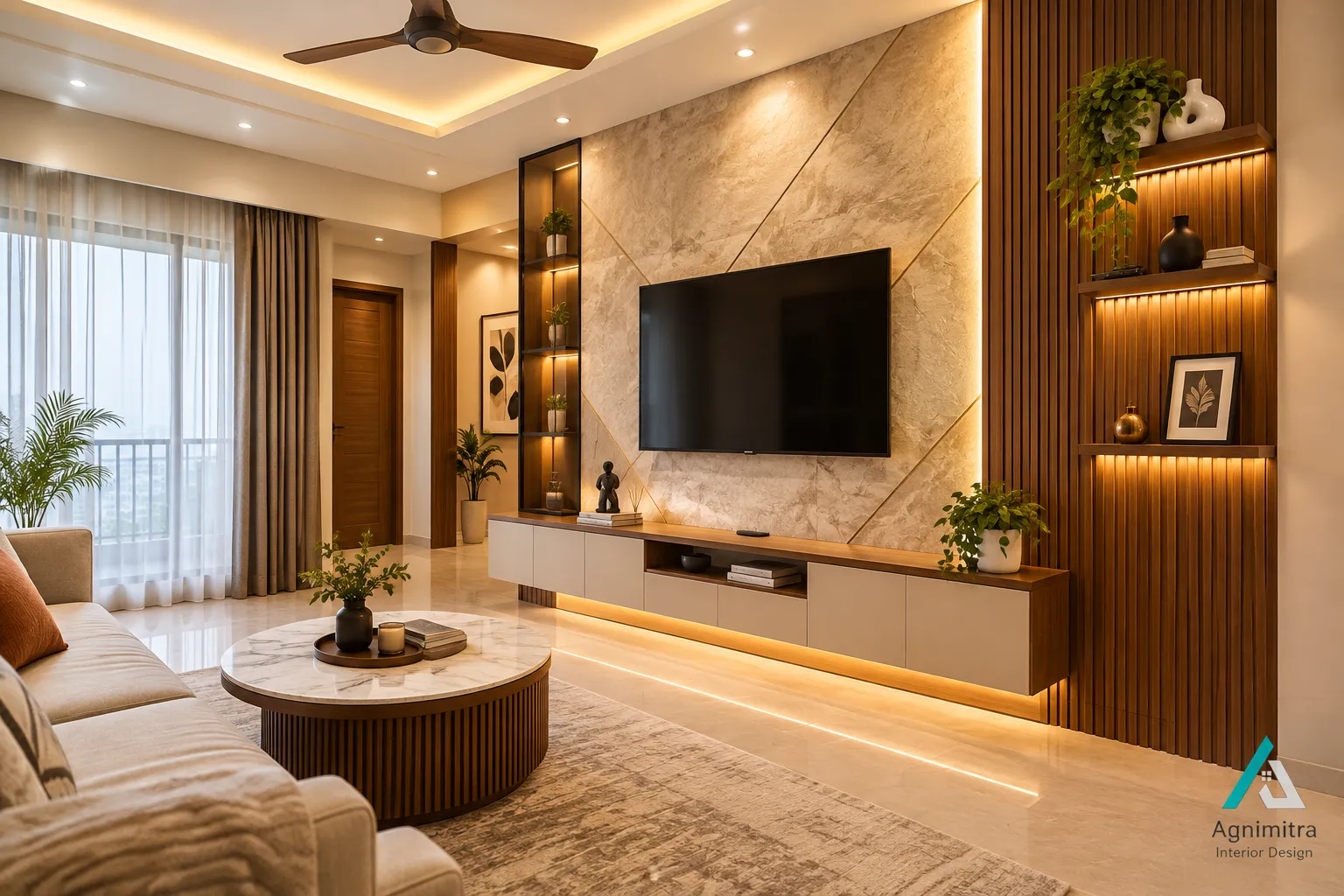 Agnimitra Interior Design provides modern home interior design services in Diamond Harbour for houses, flats and apartments. Our residential interior design solutions include living room interiors, bedroom design, modular kitchens, customised wardrobes, TV units, false ceilings, wall texture design, home painting and interior lighting. We focus on practical space planning, functional storage, coordinated colour schemes and suitable materials to create comfortable, attractive and well-organised living spaces. Each interior design plan considers the property's layout, home owners preferences and