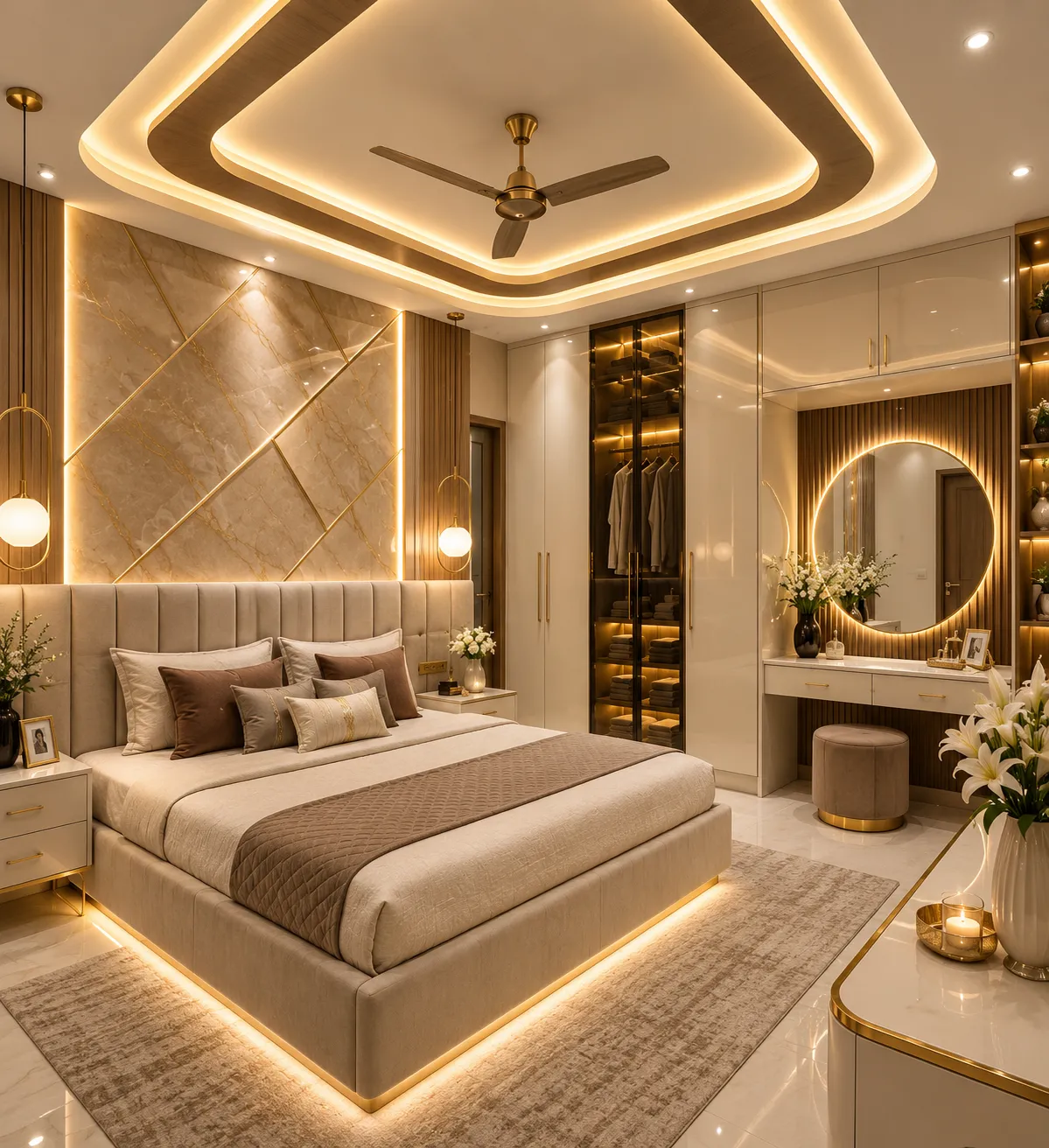 Modern false ceiling design featuring elegant ceiling patterns, recessed spotlights, concealed LED strip lighting and refined finishes to enhance the room's appearance and create a warm, well-lit interior.
