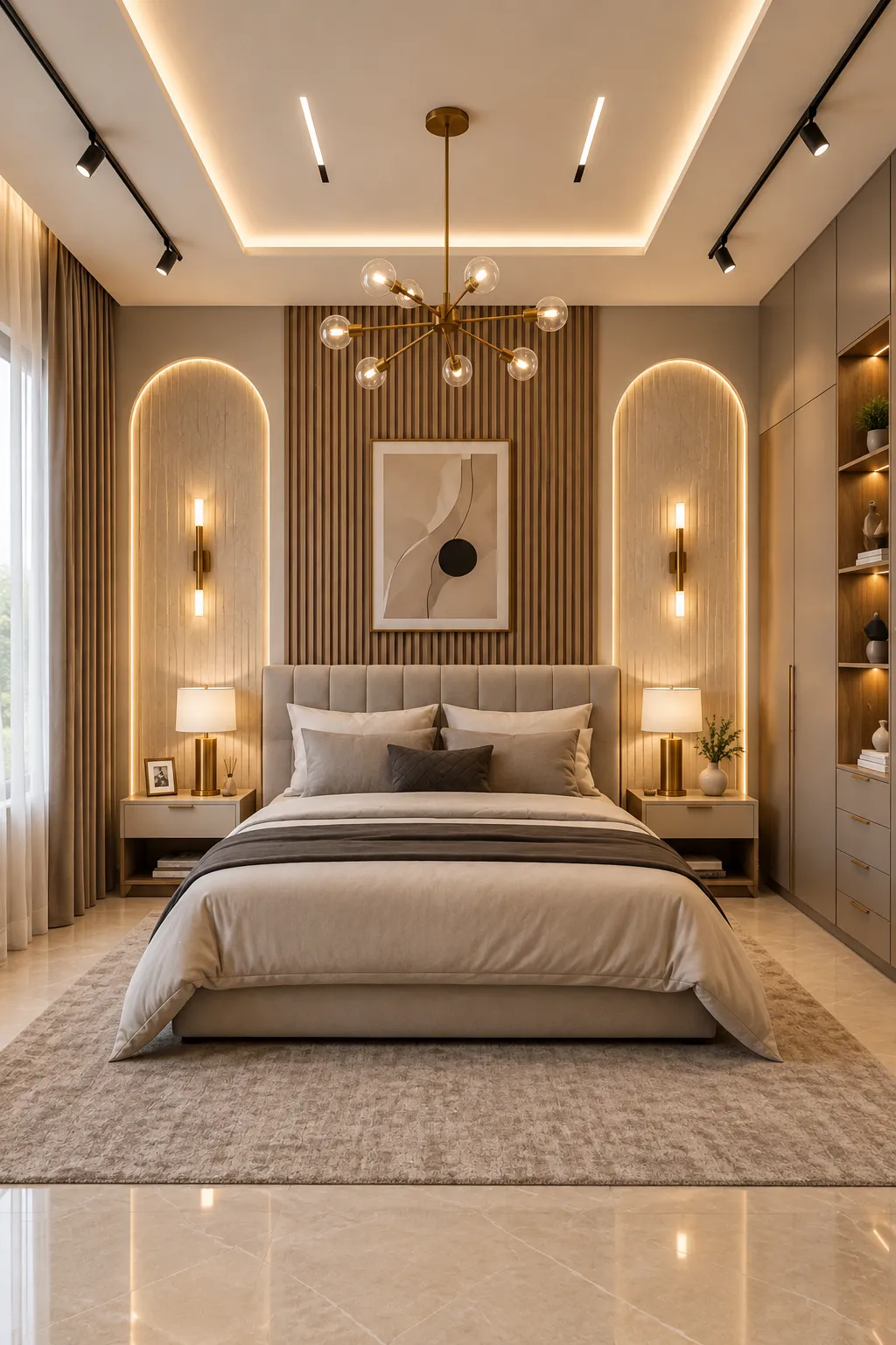 Modern interior lighting design featuring recessed spotlights, concealed LED strip lighting, elegant pendant lights and warm ambient illumination to enhance the room's atmosphere, highlight design details and create a comfortable living space.