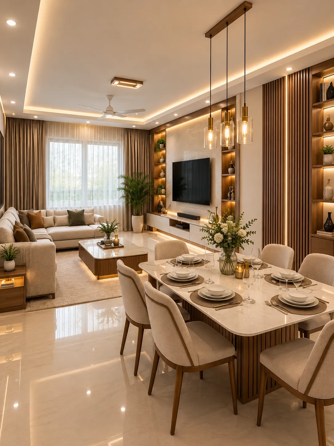 Modern dining room interior design featuring an elegant dining table, comfortable chairs, stylish lighting, coordinated wall finishes and practical furniture placement for a warm and welcoming dining space.