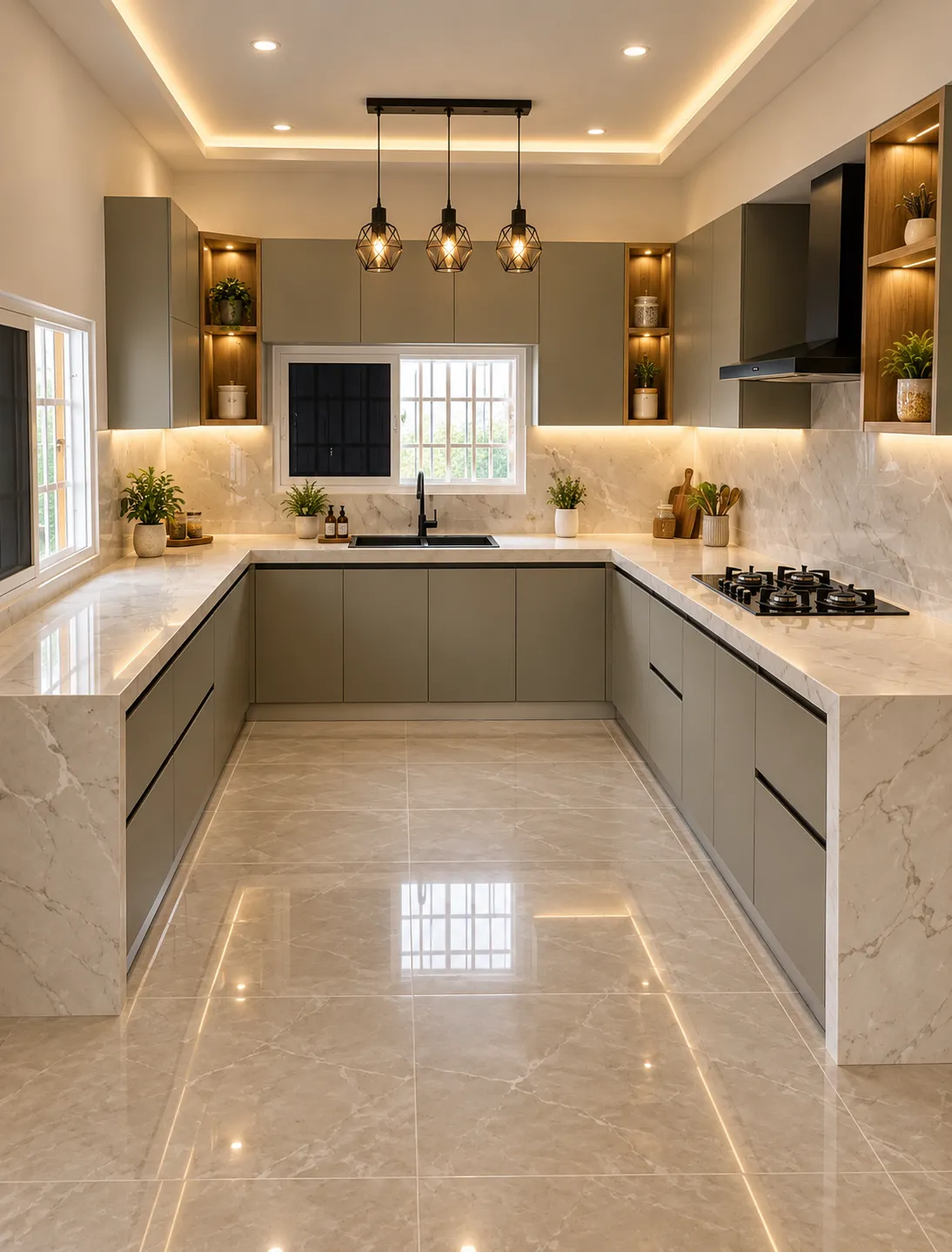 Modern modular kitchen interior design featuring sleek cabinets, practical storage solutions, an elegant countertop, coordinated finishes and well-planned lighting for a functional and stylish cooking space.