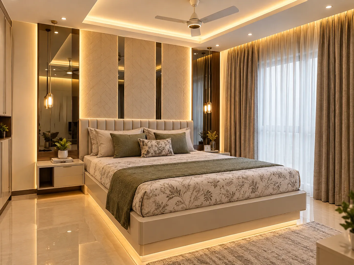 Modern false ceiling design featuring elegant ceiling patterns, recessed spotlights, concealed LED strip lighting and refined finishes to enhance the room's appearance and create a warm, well-lit interior.